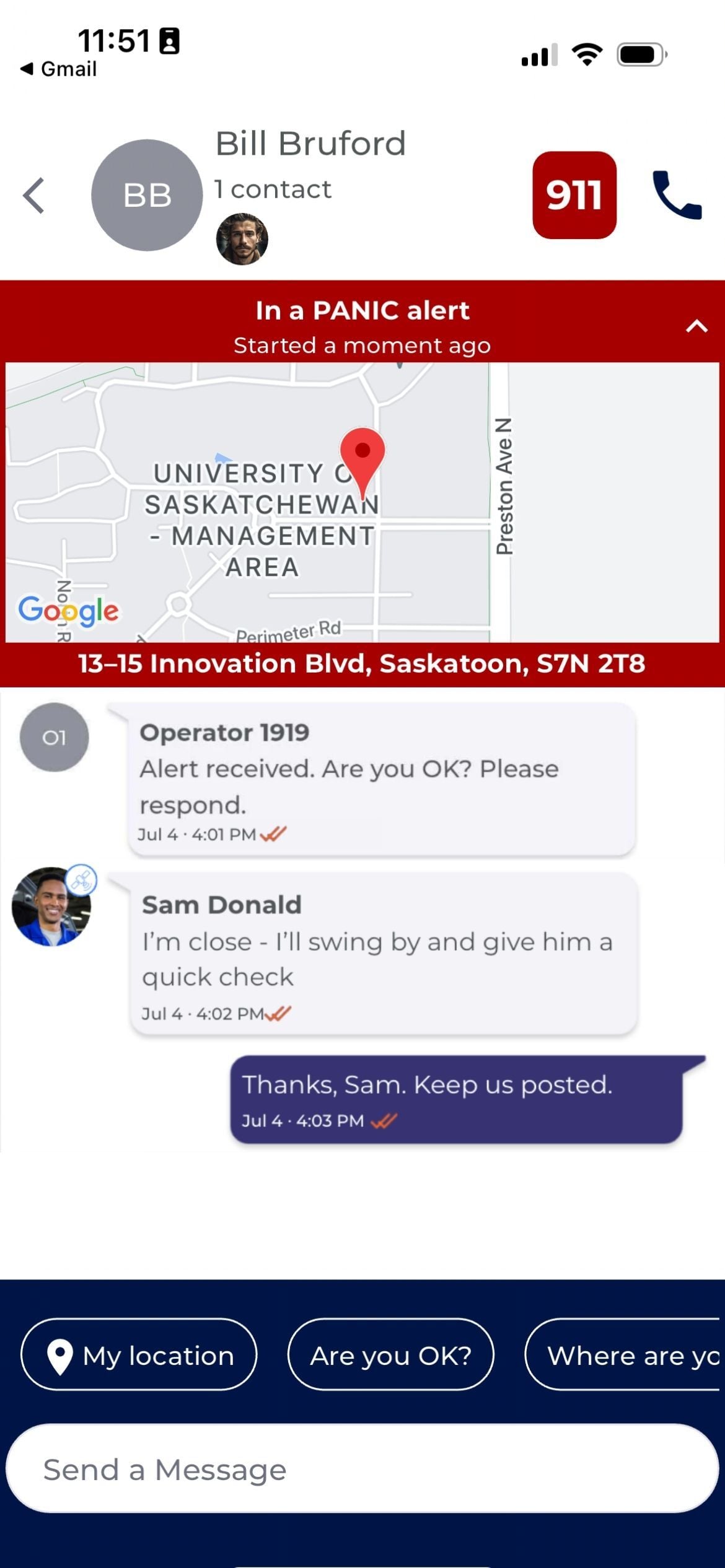 Alert feed with the user replying to the coworker