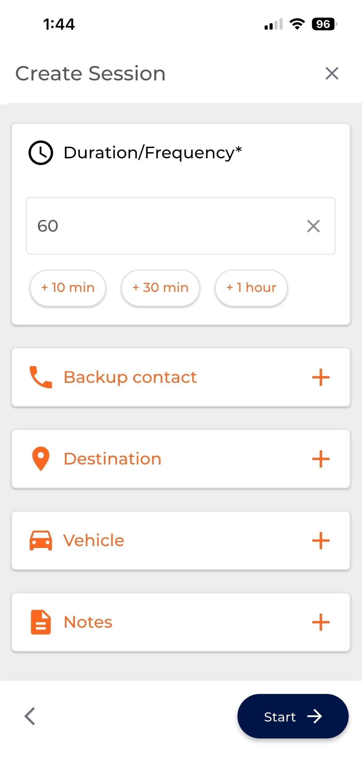 Create Session form with duration, backup contact, destination, vehicle, and notes