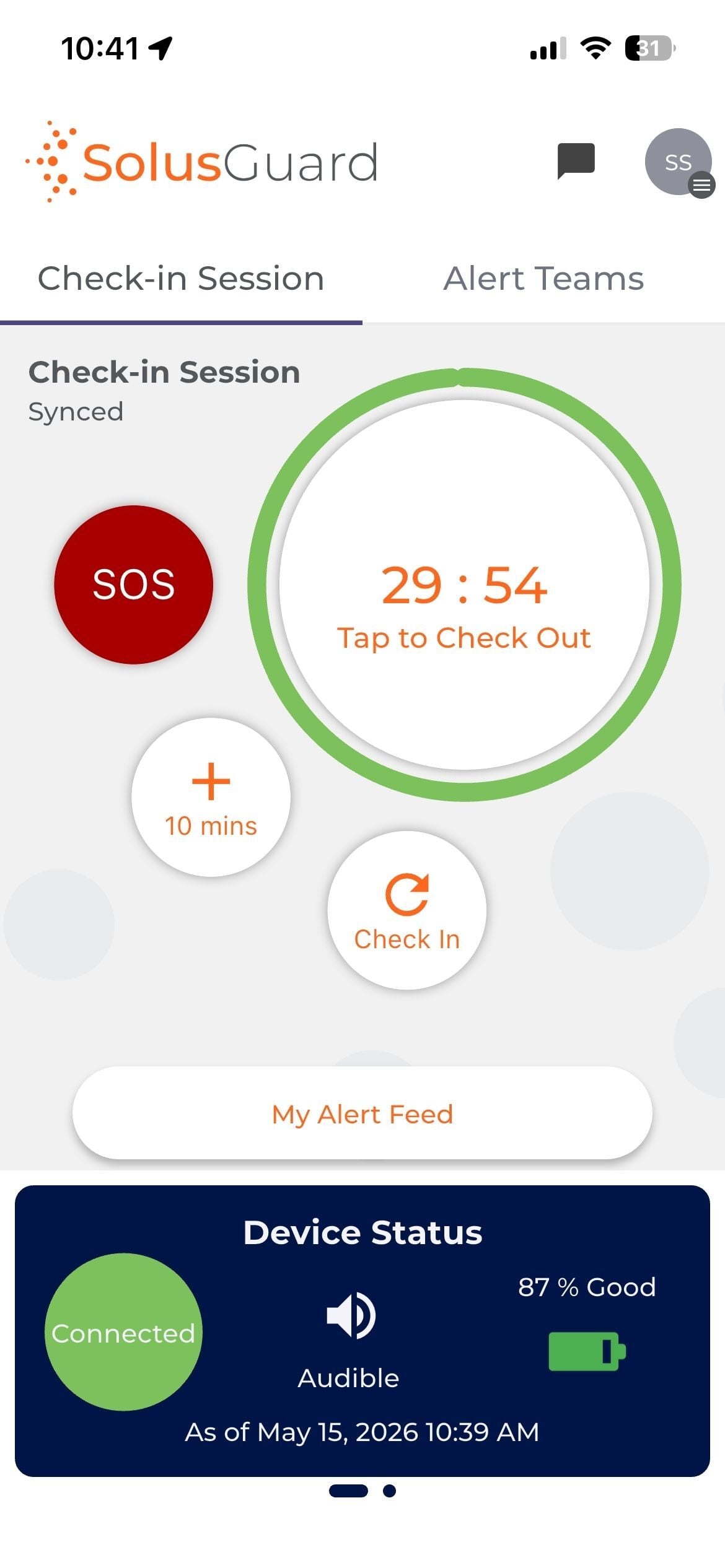 Active check-in session, countdown ring full and green