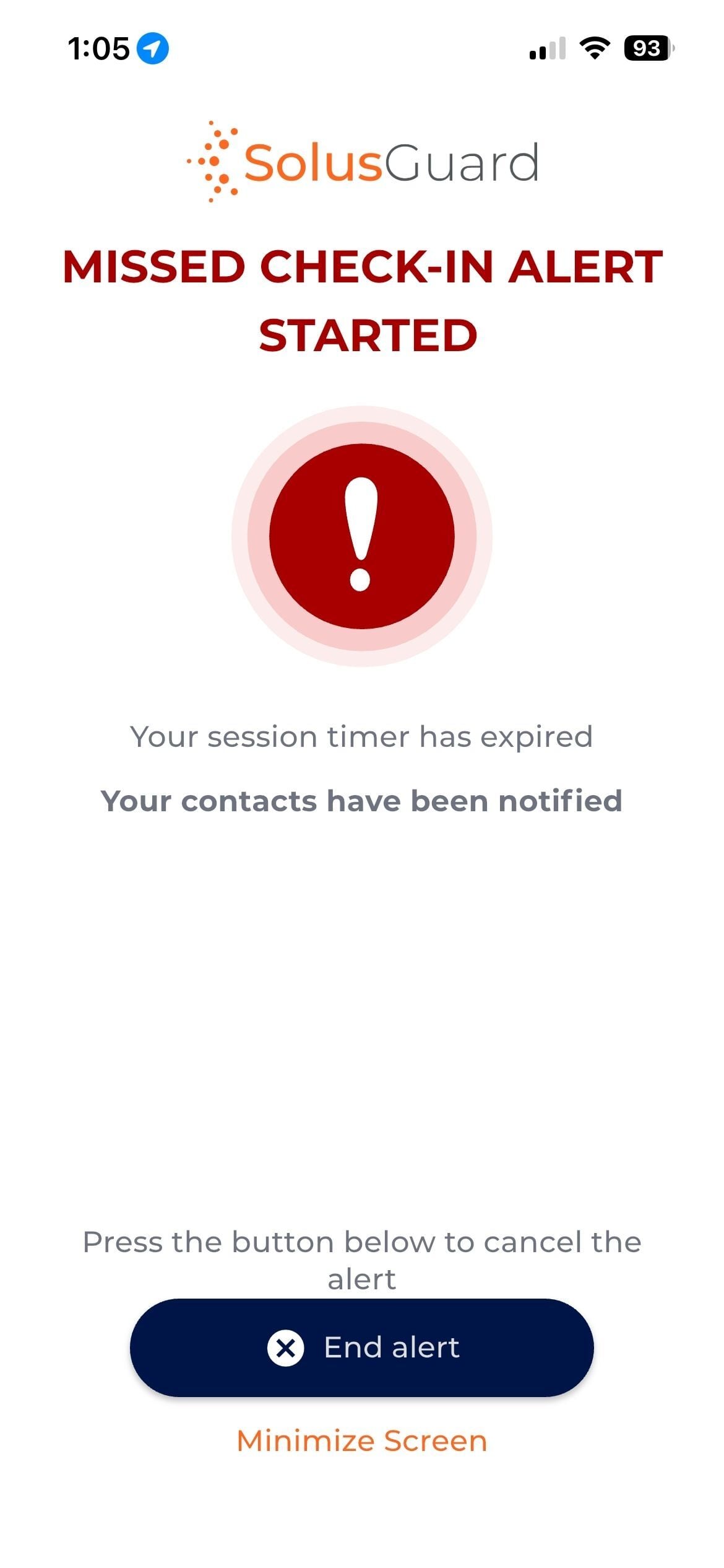 Missed check-in alert started, contacts notified